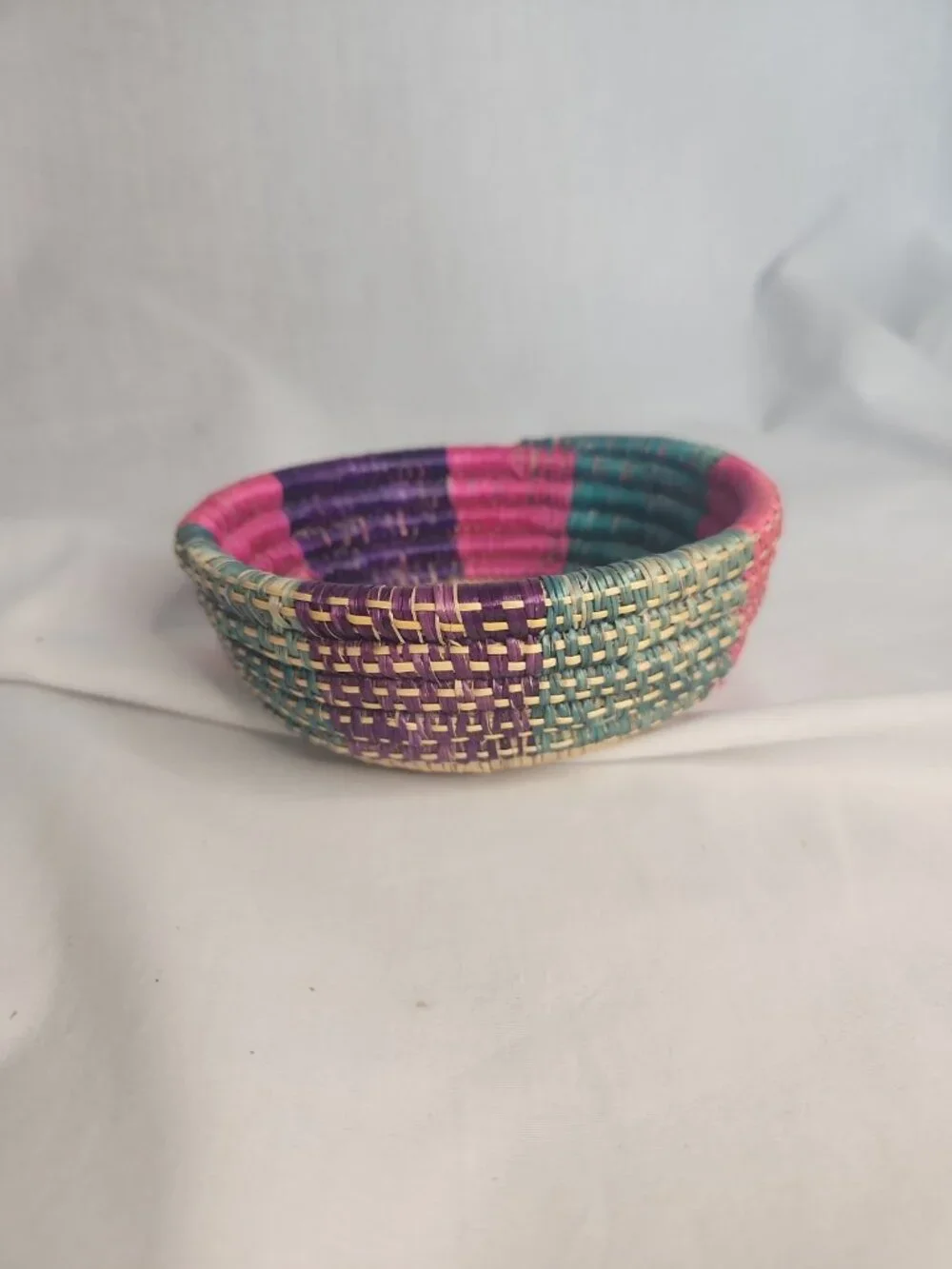 Handcrafted Round Basket Bolga Style Pink Purple Teal Keys Jewelry Trinkets